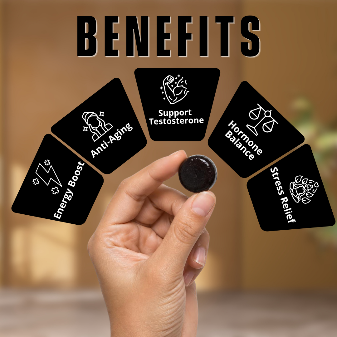 A hand holds a small dark round supplement pill in front of a blurred warm brown background, with large text reading 'BENEFITS' and five black benefit cards showing icons and labels for energy boost, anti-aging, support testosterone, hormone balance, and stress relief.