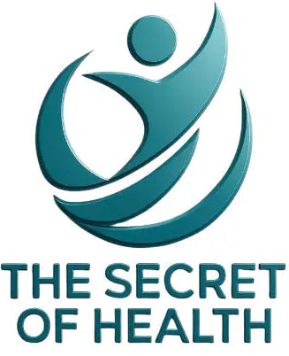 A teal abstract logo featuring a stylized human figure inside flowing curved lines, with the text 'THE SECRET OF HEALTH' below on a plain white background.